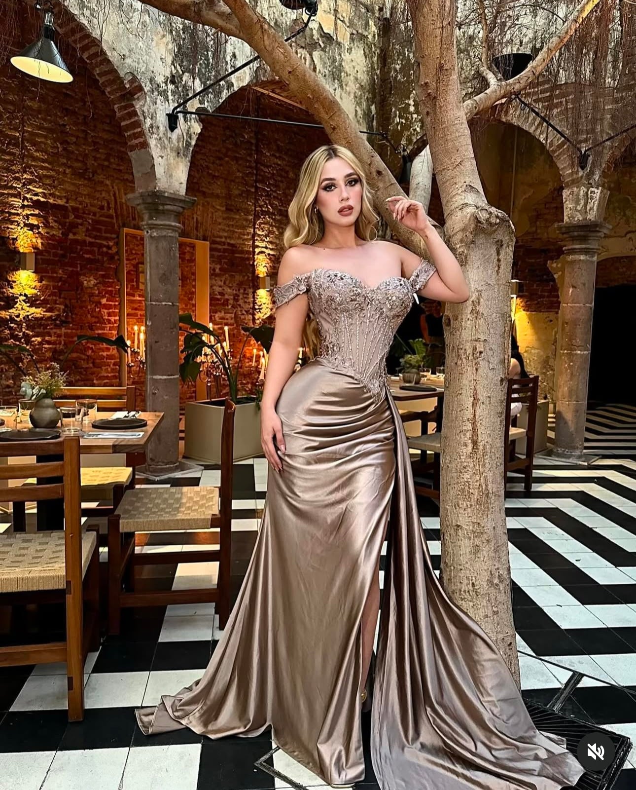 CD803 off the shoulder satin lace fitting gown Mocha gold / 12 CD803 off the shoulder satin lace fitting gown Mocha gold / 12