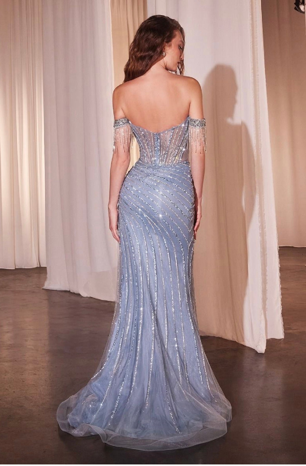 CD848 Fully Embellished off the shoulder evening gown